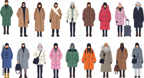 Flat vector illustration of diverse people wearing winter coats, modern fashion collection, stylish outerwear outfits, seasonal clothing design concept set