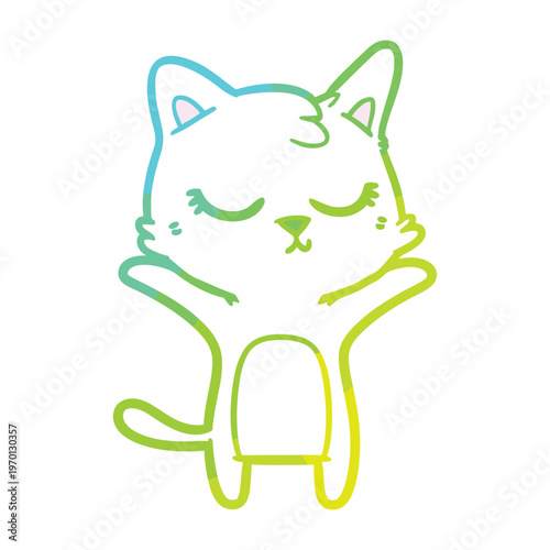 Cute cartoon cat with eyes closed and paws raised in a cold gradient line art style illustration