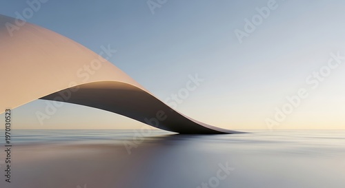 Large smooth beige curved architectural structure arching over a calm reflective water surface