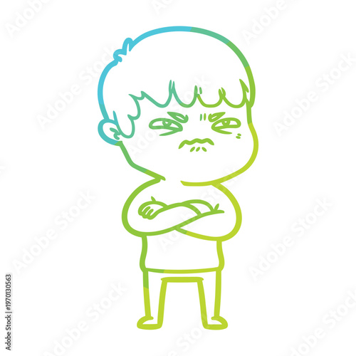 Cartoon illustration of a grumpy young boy with arms crossed and an annoyed expression.