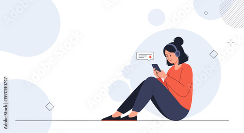 Young woman with headphones using smartphone, listening to music or podcast, messaging