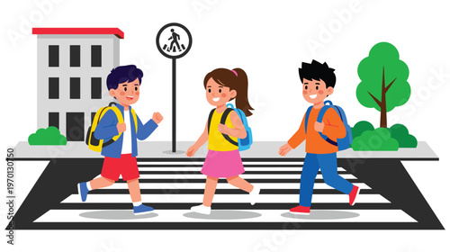 Three cheerful children walking across zebra crossing near building and tree.