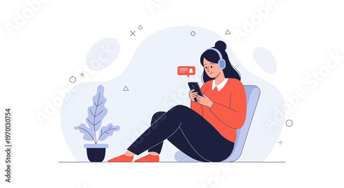 Young woman with headphones using smartphone, notification alert on screen, modern illustration