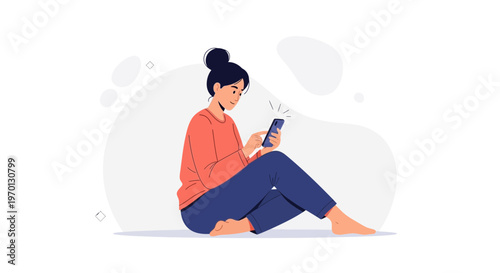 Woman Sitting Indoors Using Smartphone, Casual Lifestyle, Relaxed Pose
