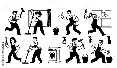 Cartoon Cleaning Crew Doodle Characters Set with Janitors Washing Scrubbing and Housekeeping Equipment Vector