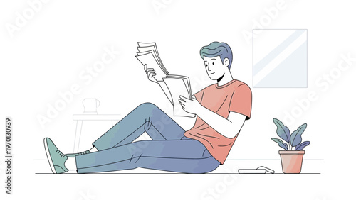 Young man sitting on floor reading documents, modern illustration, home office concept