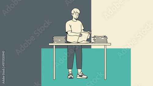 Young man overwhelmed by paperwork at a desk, concept of stress and overload