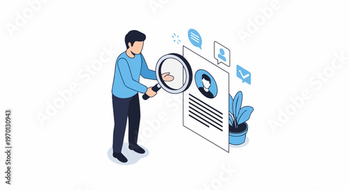 Recruitment and Candidate Screening Concept - Isometric Illustration of HR Professional Evaluating a Resume or Job Profile with a Magnifying Glass