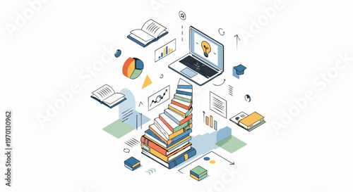 Online Education Concept with Isometric Illustration of Books Staircase Leading to a Laptop and Data Visualization Icons for E-learning, Success and Digital Growth.