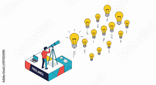 Isometric Illustration of Freelancer Using Telescope to Search for Innovative Ideas and Creative Solutions