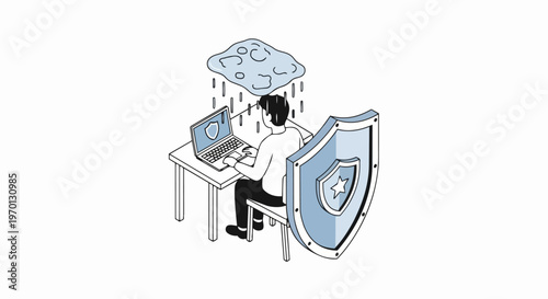 Cyber Security and Data Protection Isometric Illustration - Professional Shielding User from Digital Threats and Malware on Laptop