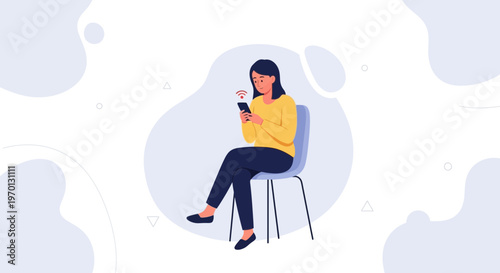Woman Sitting on Chair Using Smartphone, Receiving Notifications, Modern Flat Illustration