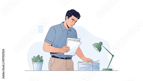 Man working at desk with papers and lamp, office or study illustration