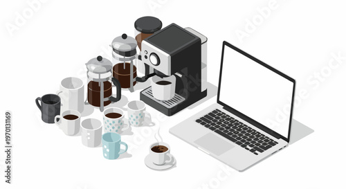 Modern Isometric Workspace with Laptop, Espresso Machine, French Press, and Many Coffee Mugs Representing Productivity and Caffeine Culture