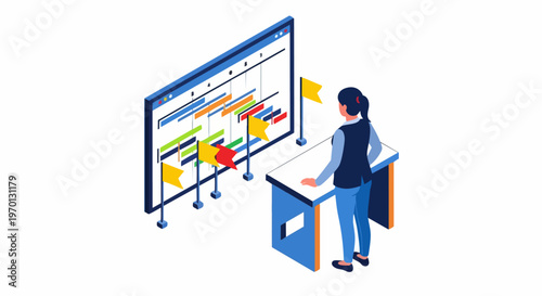Isometric Illustration of a Project Manager Analyzing a Gantt Chart on a Large Digital Screen for Business Planning and Milestone Tracking