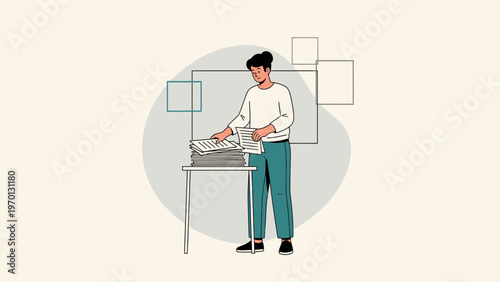 Person organizing documents at a desk, abstract shapes background, business concept