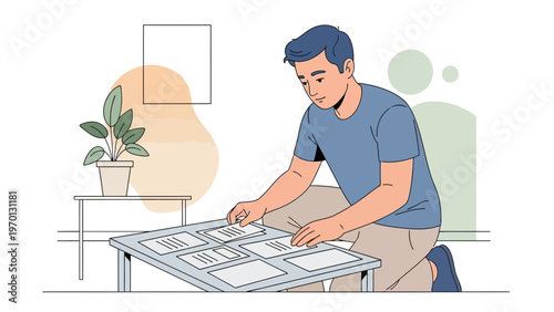 Man arranging storyboards on a table, planning a project, creative workflow concept