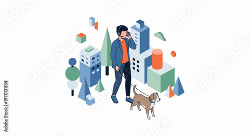 Isometric Illustration of a Businessman Walking a Dog and Talking on Headset in a Modern City Environment