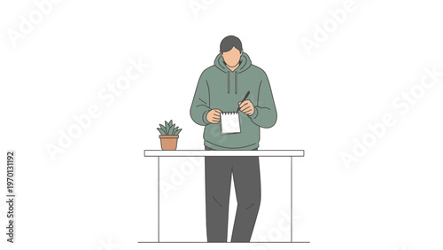 Man in hoodie writing on notepad at desk with plant, minimalist illustration