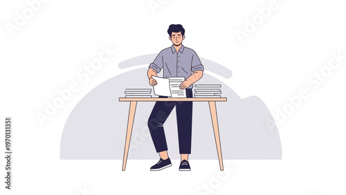 Man Organizing Documents at Desk: Business Workflow, Paperwork, and Office Tasks