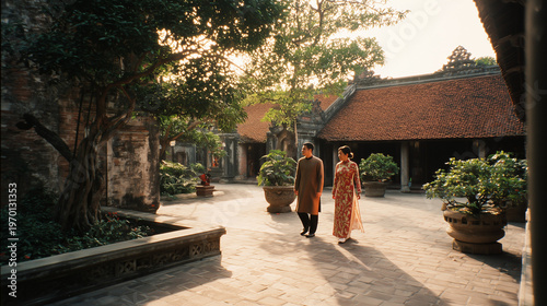Vietnamese bride and groom walking together in a historic courtyard