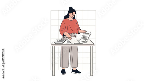 Woman organizing documents at a desk, modern flat illustration