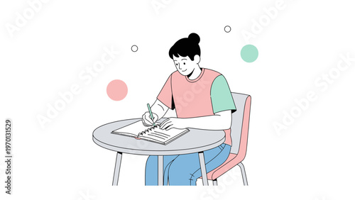 Student writing in notebook at desk, studying, learning, education concept