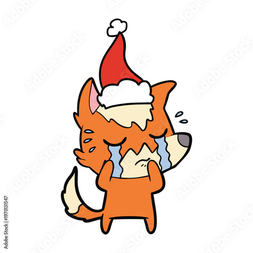 Sad cartoon fox wearing a red santa hat crying with tears streaming down its face on white background