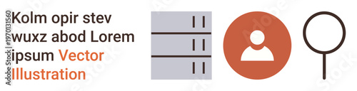 Data management, user identification, searching, database organization, cybersecurity, analytics. Database stacks, profile avatar magnifying glass icon. Data management and user identification