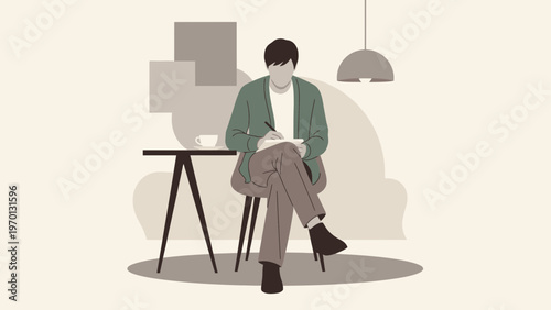 Man Sitting at Desk Writing Notes, Minimalist Office Interior, Professional Work Concept
