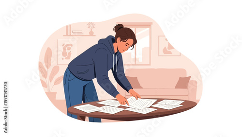 Woman organizing papers on a table at home, focused work, study, or planning