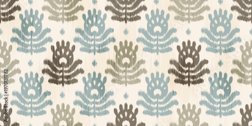 Ikat seamless pattern with abstract floral ornament. Ethnic vector rug textured print with batik watercolor effect. Tribal orient background. Bohemian decorative grunge bg