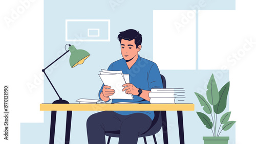 Man working at desk with papers and lamp, focused on documents
