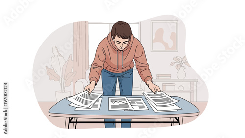 Young Man Reviewing Documents and Charts on a Table at Home