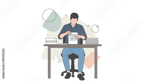 Man at desk with task document, stacks of books, and abstract shapes