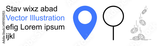Location services, financial trends, search visibility, mapping tools, navigation, online business. A blue pin, magnifying glass, and falling coins geolocation and financial trends