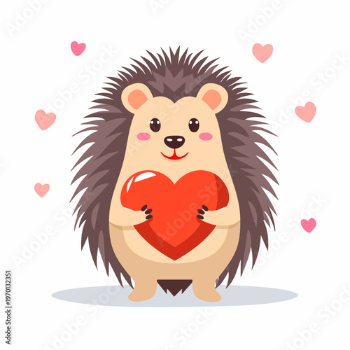A cute cartoon hedgehog holding a heart surrounded by floating hearts.