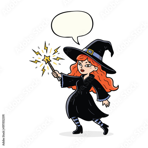 Cartoon illustration of a red-haired witch casting a spell with a magic wand and a speech bubble.