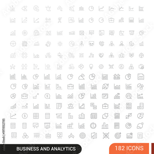 Business and Analytics Line Mega Icons Set – Data Charts, Statistics, Finance and Marketing Outline Collection