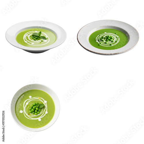 Three bowls of green pea soup with mint garnish