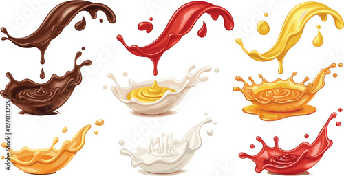 Liquid splash collection with chocolate milk honey and juice drops, dynamic fluid motion vector set isolated on white background