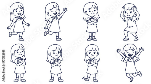 Line art set of cute little girl with different emotions and poses.