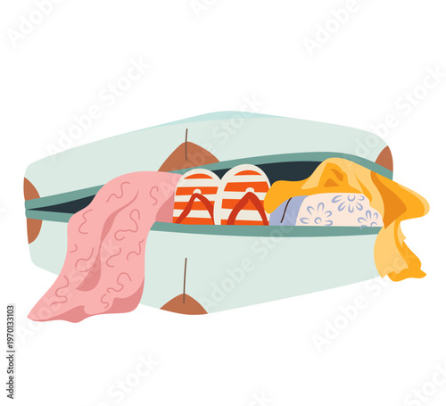 Overfilled suitcase with clothes and shoes Packed travel bag with items sticking out Flat vector illustration of luggage overload, trip preparation, tourism lifestyle Modern design for print, branding