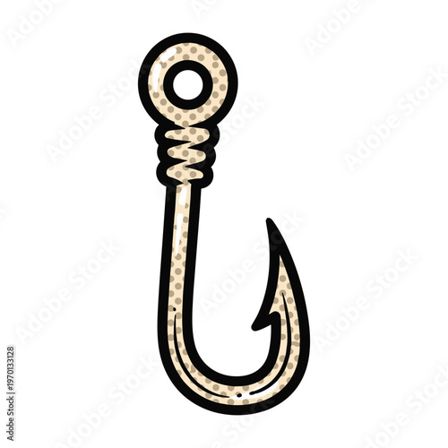 Cartoon style illustration of a sharp metal fishing hook with a circular eye and barbed point