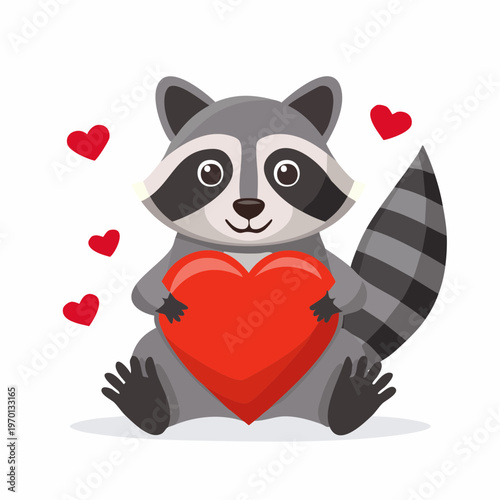 A cute raccoon holds a large heart surrounded by smaller hearts.