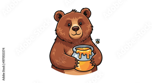 A cheerful brown bear holding a cup of hot beverage with a smiley face sticker