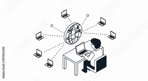 Isometric Line Art of Man Working on Laptop Connecting to Global Network and World Map for Remote Business Communication and Worldwide Internet Connectivity