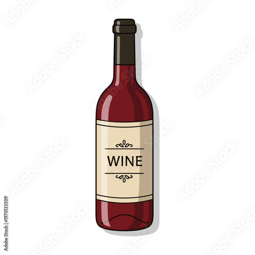 Illustration of a bottle of red wine with a simple white label isolated on white background.