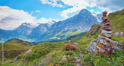 idyllic hiking area mannlichen mountain with view to eiger north face and grindelwald