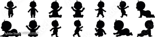 stickman baby pose silhouette icon set child movement figures vector collection, baby character poses simple human silhouette icons minimal design pack, infant movement silhouettes stick figure icons 